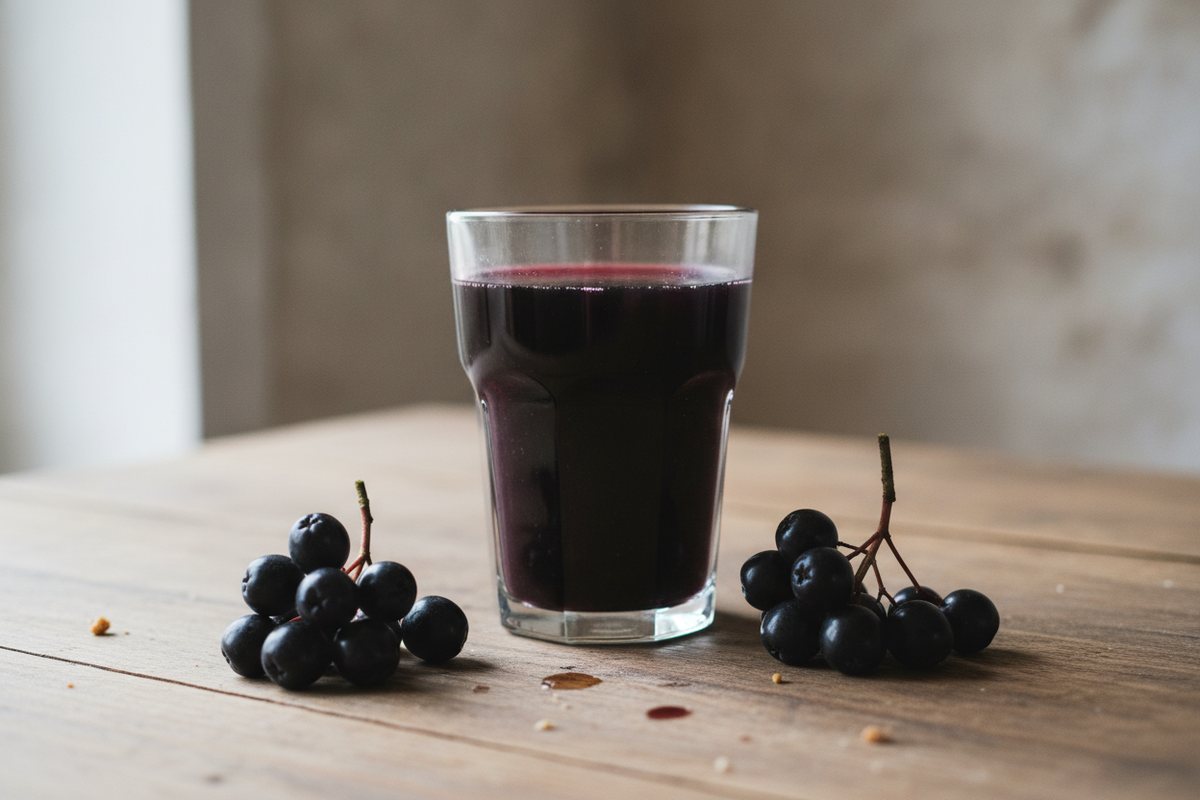 Glas Aroniasaft mit schwarzen Aroniabeeren