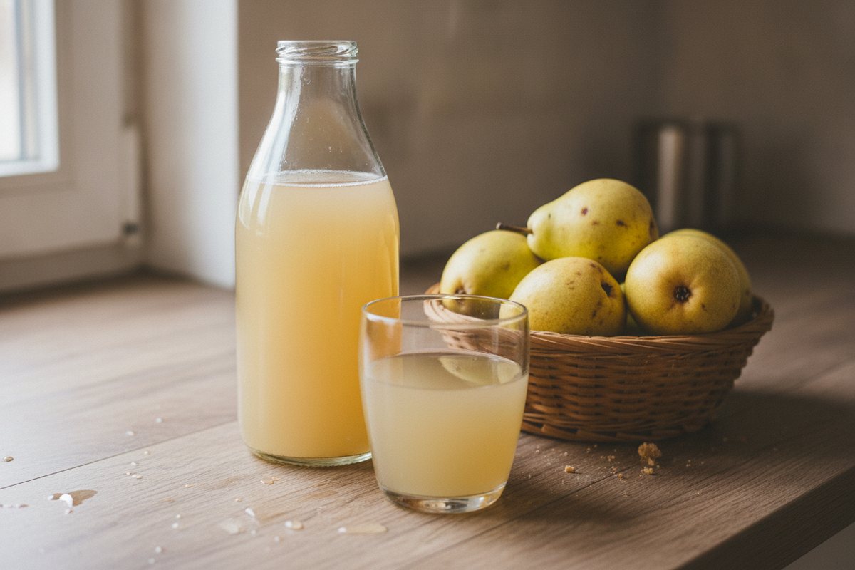 Flasche und Glas Birnensaft mit reifen Birnen im Korb