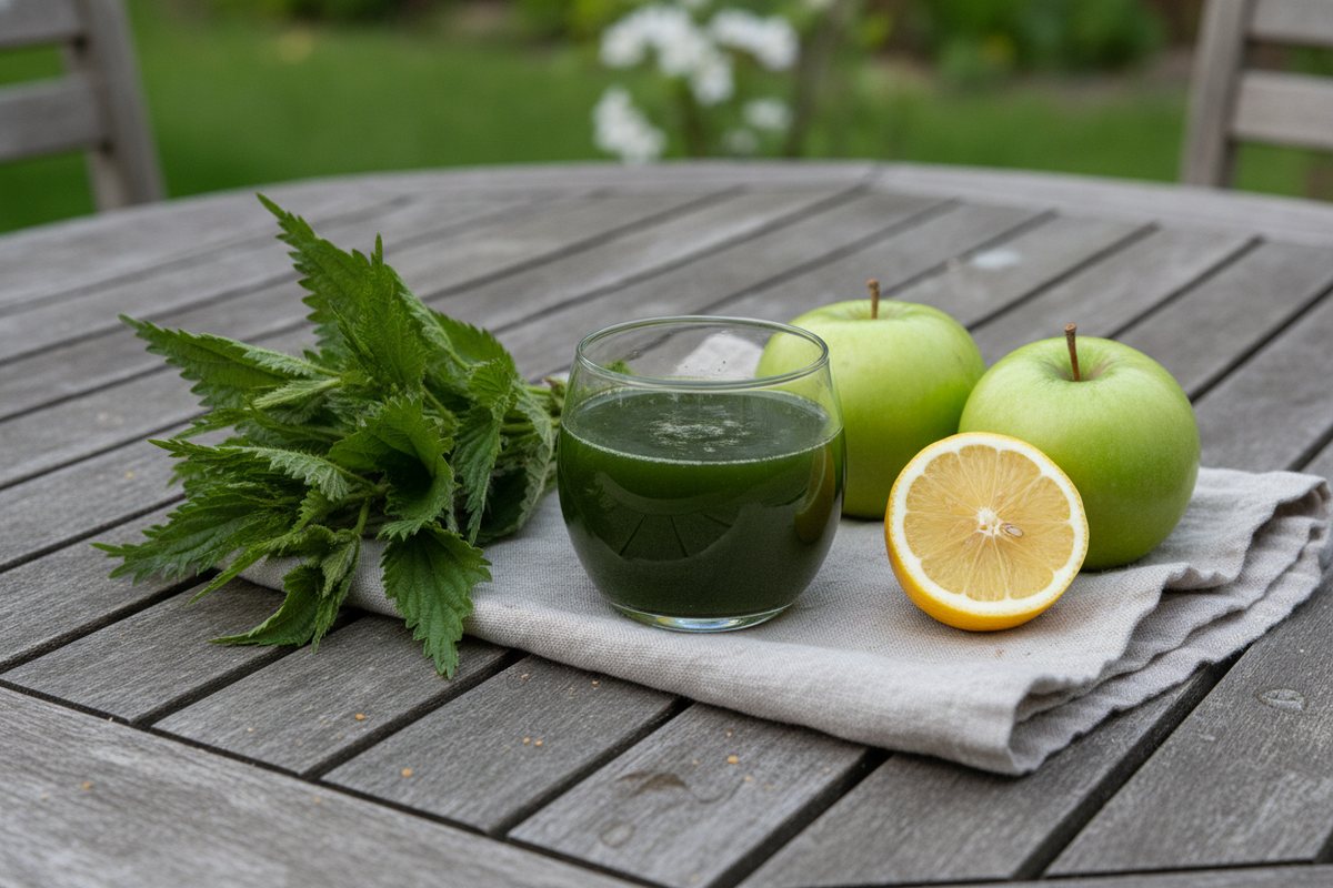 Glas Brennnesselsaft mit jungen Brennnesseln, Äpfeln und Zitrone
