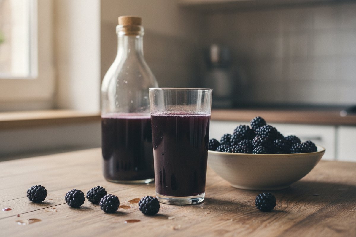 Flasche und Glas Brombeersaft mit frischen Brombeeren
