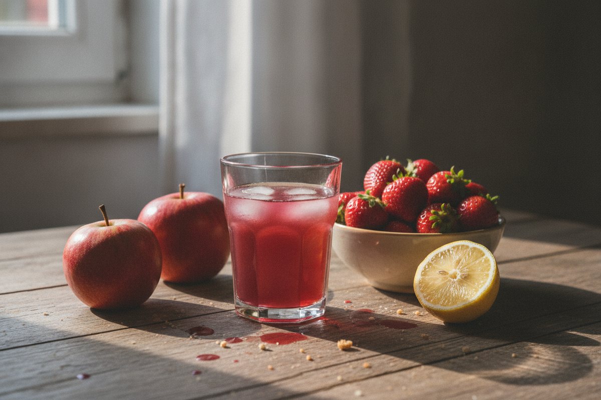 Glas Erdbeersaft mit Erdbeeren, Apfel und Zitrone