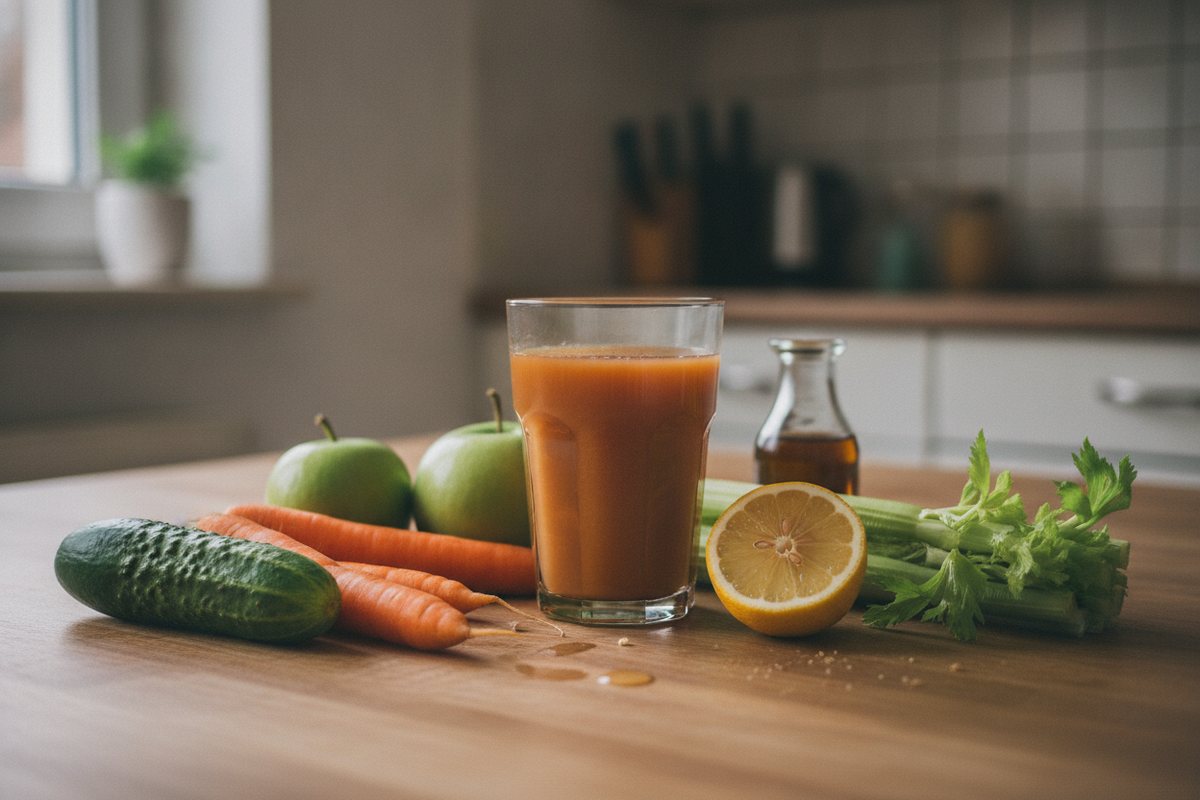 Glas Gemüsesaft mit Karotten, Gurke, Sellerie, Apfel und Zitrone
