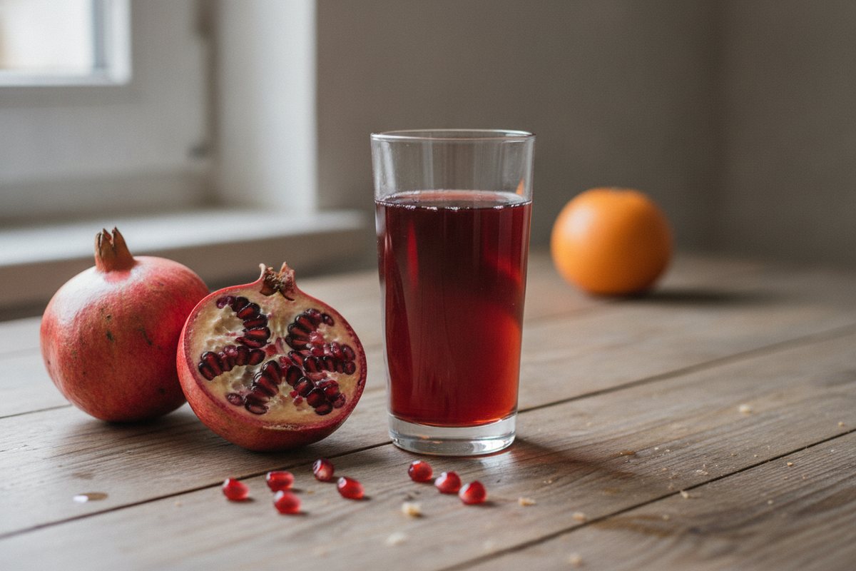 Glas Granatapfelsaft mit aufgebrochenem Granatapfel