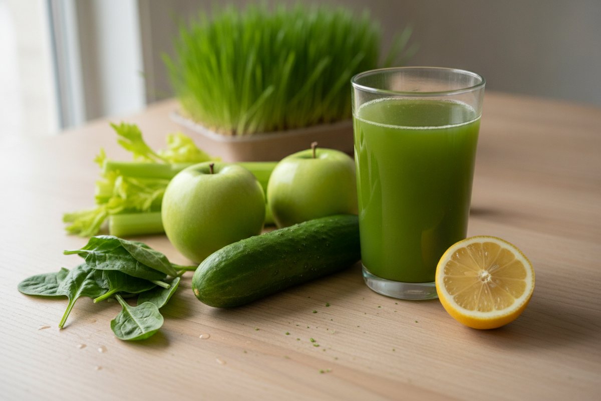 Glas grüner Saft mit Spinat, Gurke, Äpfeln, Sellerie, Zitrone und Weizengras
