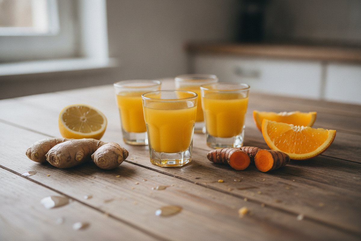 Ingwer-Kurkuma-Shots mit frischem Ingwer, Kurkuma, Orange und Zitrone