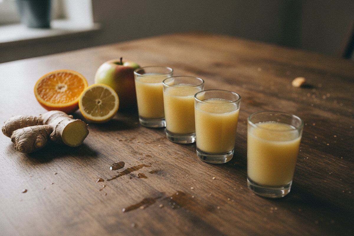 Ingwershot in kleinen Gläsern mit Ingwer, Orange, Zitrone und Apfel