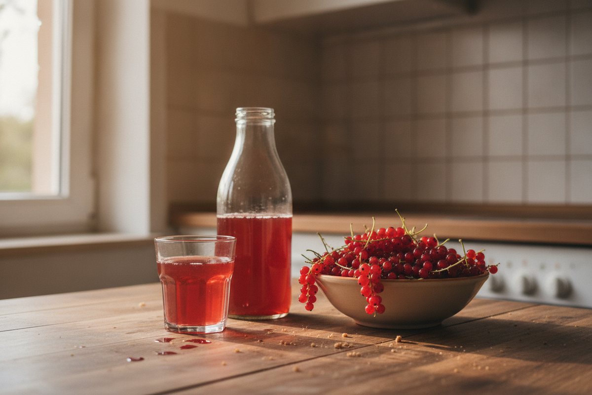 Flasche und Glas Johannisbeersaft mit roten Johannisbeeren