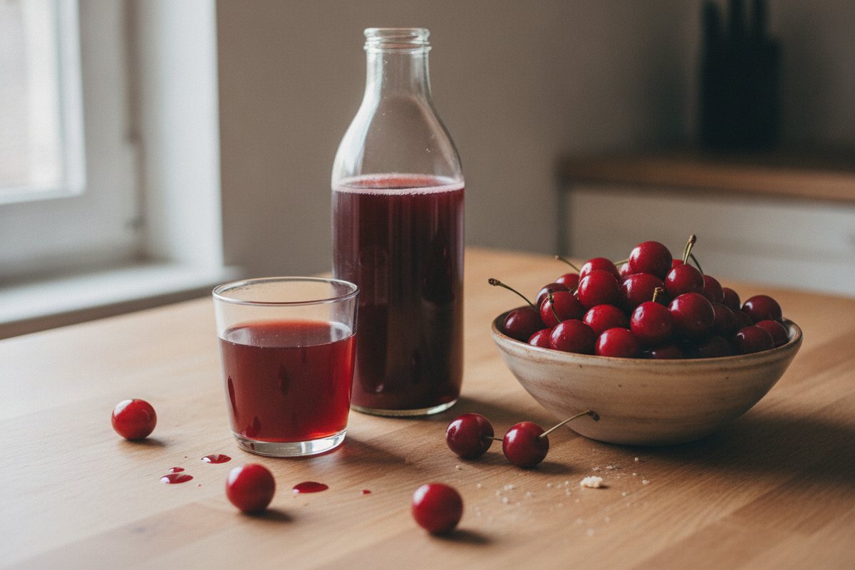 Flasche und Glas Kirschsaft mit Sauerkirschen