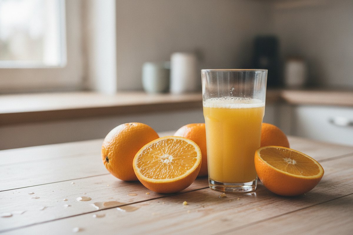 Glas frisch gepresster Orangensaft mit halbierten Orangen