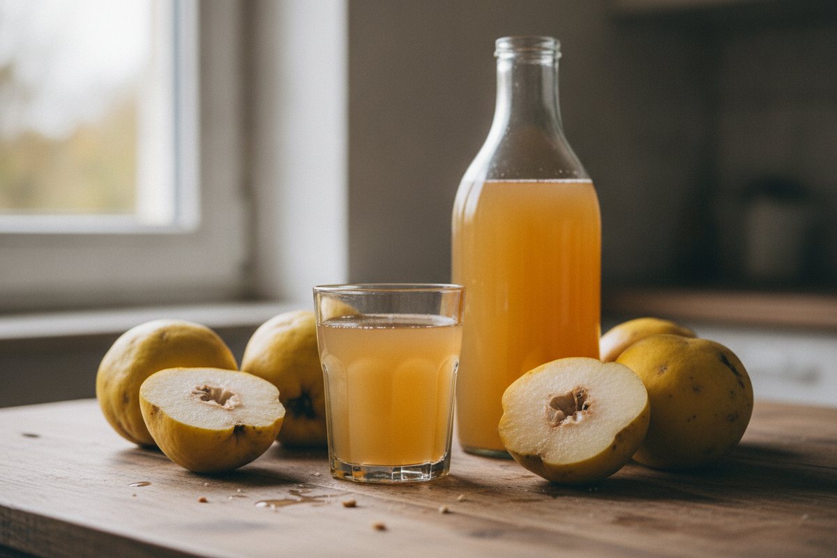 Flasche und Glas Quittensaft mit Quitten