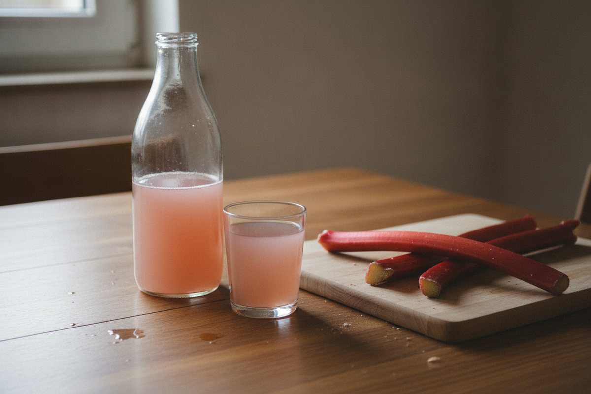 Flasche und Glas Rhabarbersaft mit Rhabarberstangen