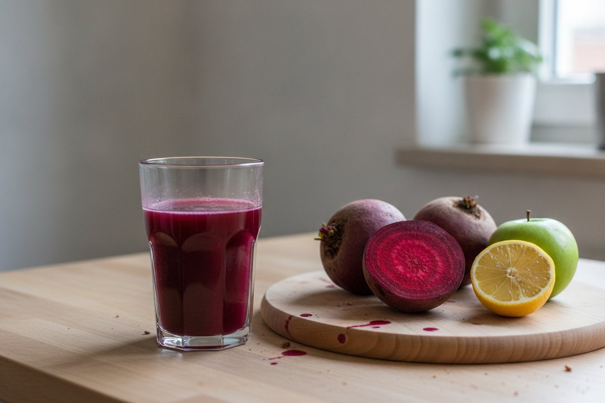 Glas Rote-Bete-Saft mit Roter Bete, Apfel und Zitrone