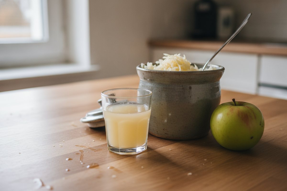 Glas Sauerkrautsaft mit Sauerkraut im Steinguttopf und Apfel