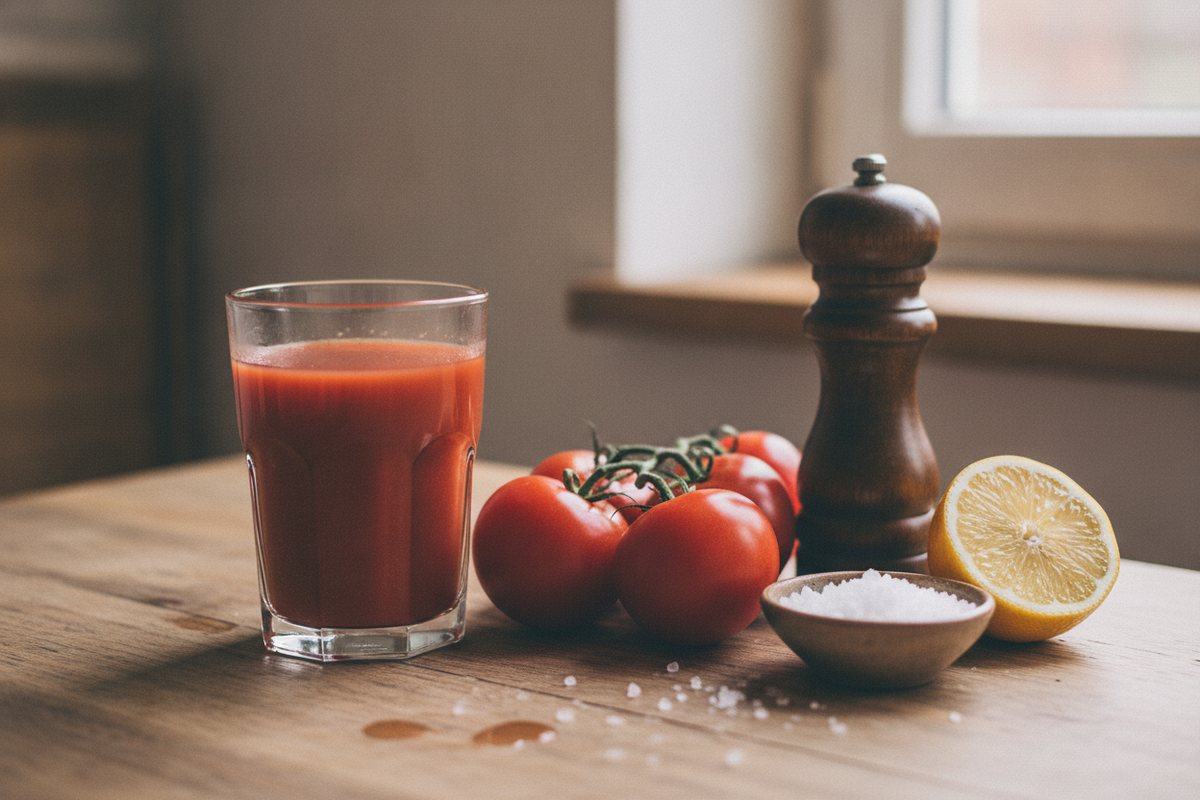 Glas Tomatensaft mit Tomaten, Salz, Pfeffermühle und Zitrone
