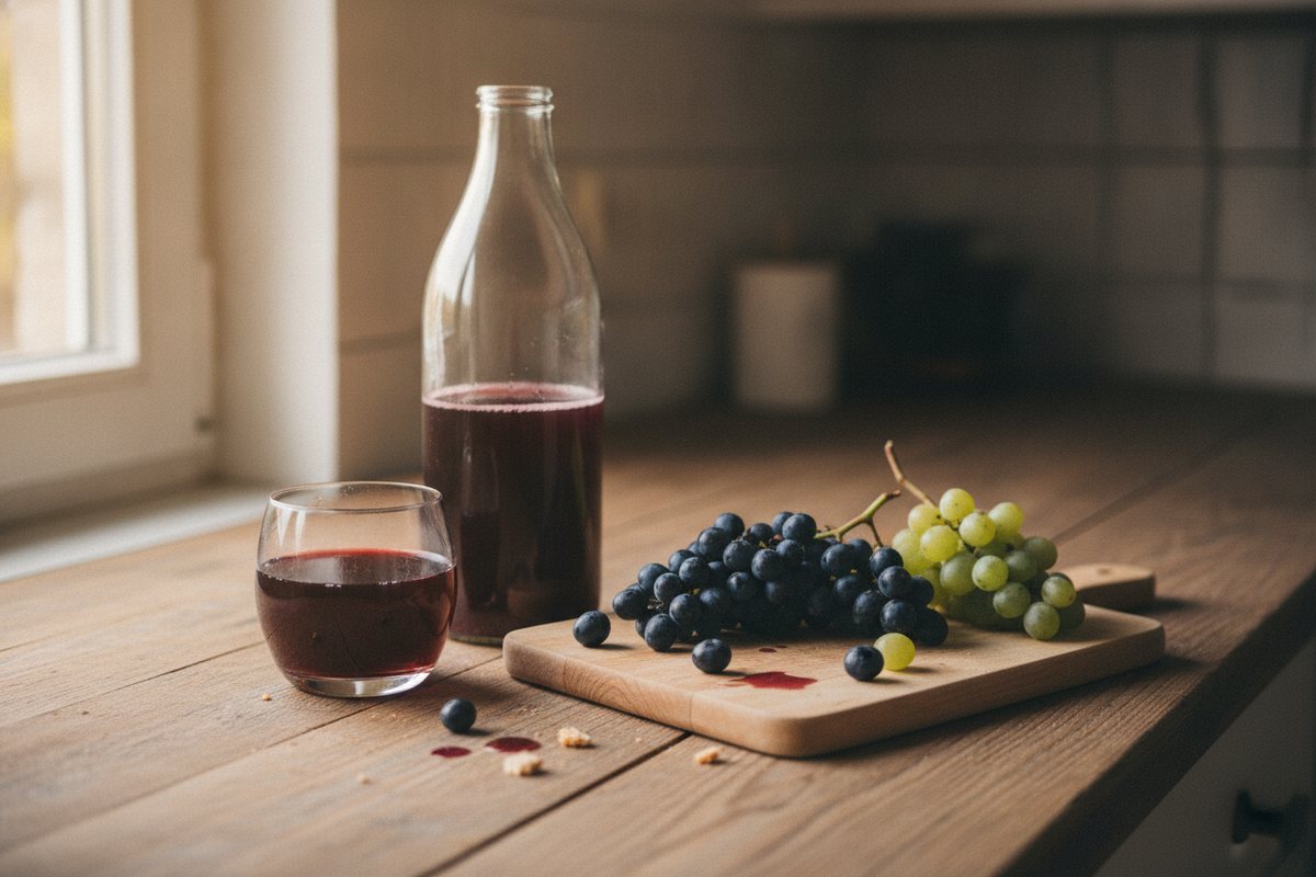 Flasche und Glas Traubensaft mit blauen und grünen Trauben