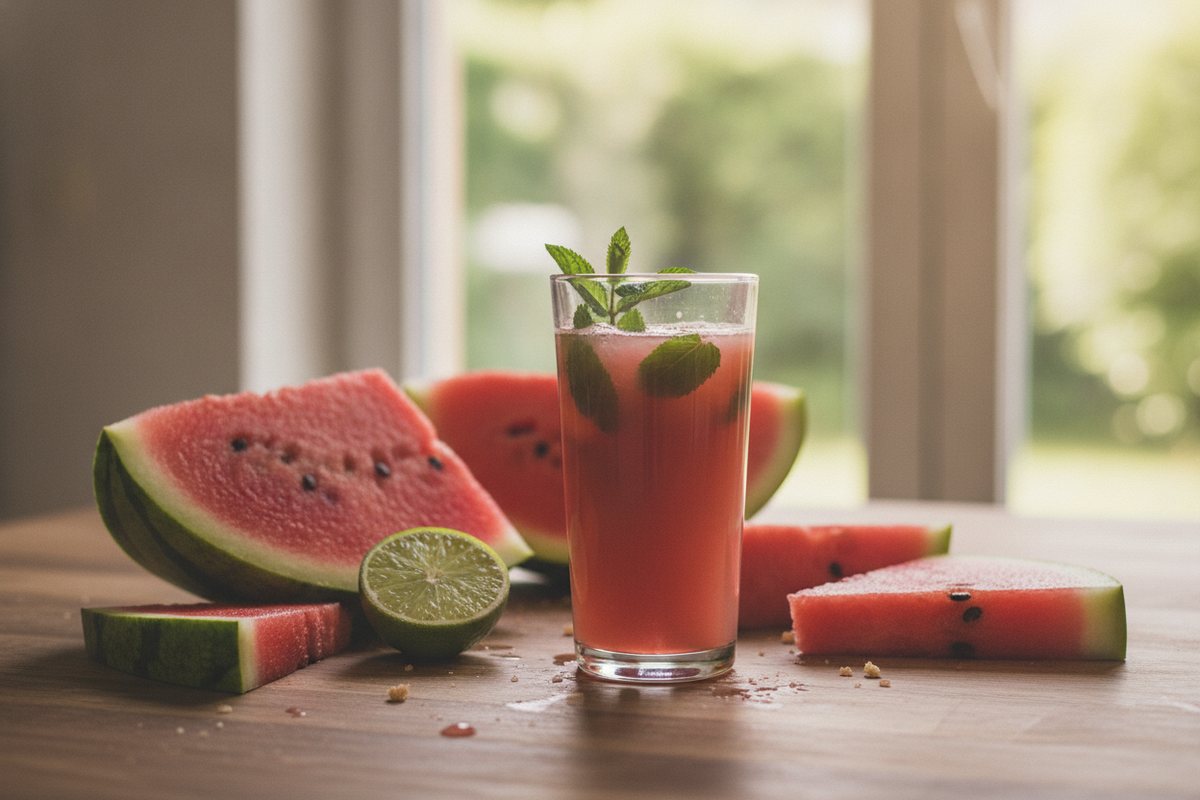 Glas Wassermelonensaft mit Minze, Melonenstücken und Limette