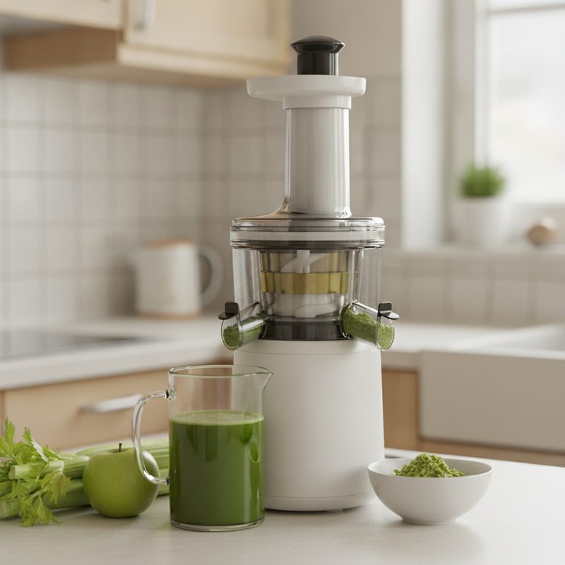 Slow Juicer mit Schnecke im durchsichtigen Presskorb, davor grüner Saft und Sellerie
