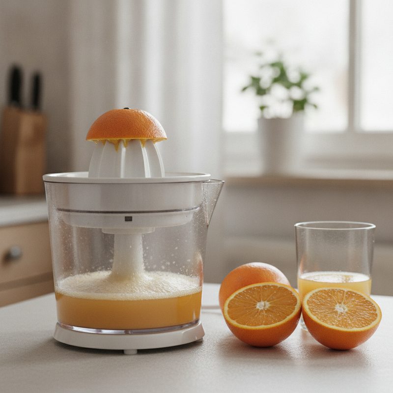 Elektrische Zitruspresse mit Presskegel und halbierter Orange, daneben Orangensaft