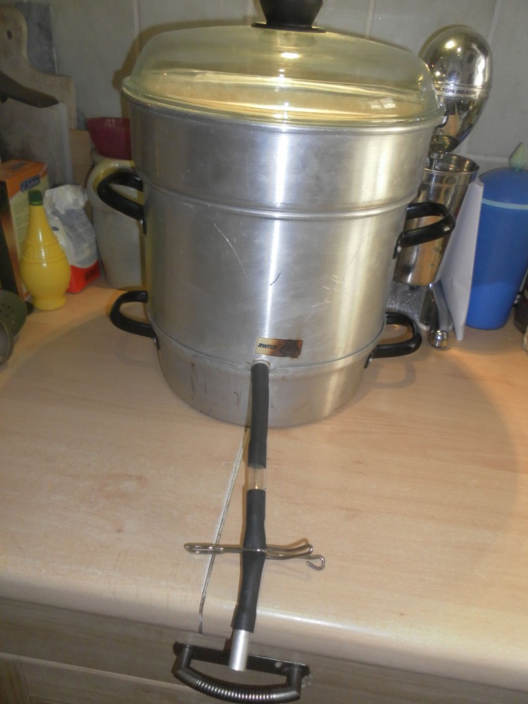 Dampfentsafter mit Glasdeckel und Ablaufschlauch auf der Arbeitsplatte